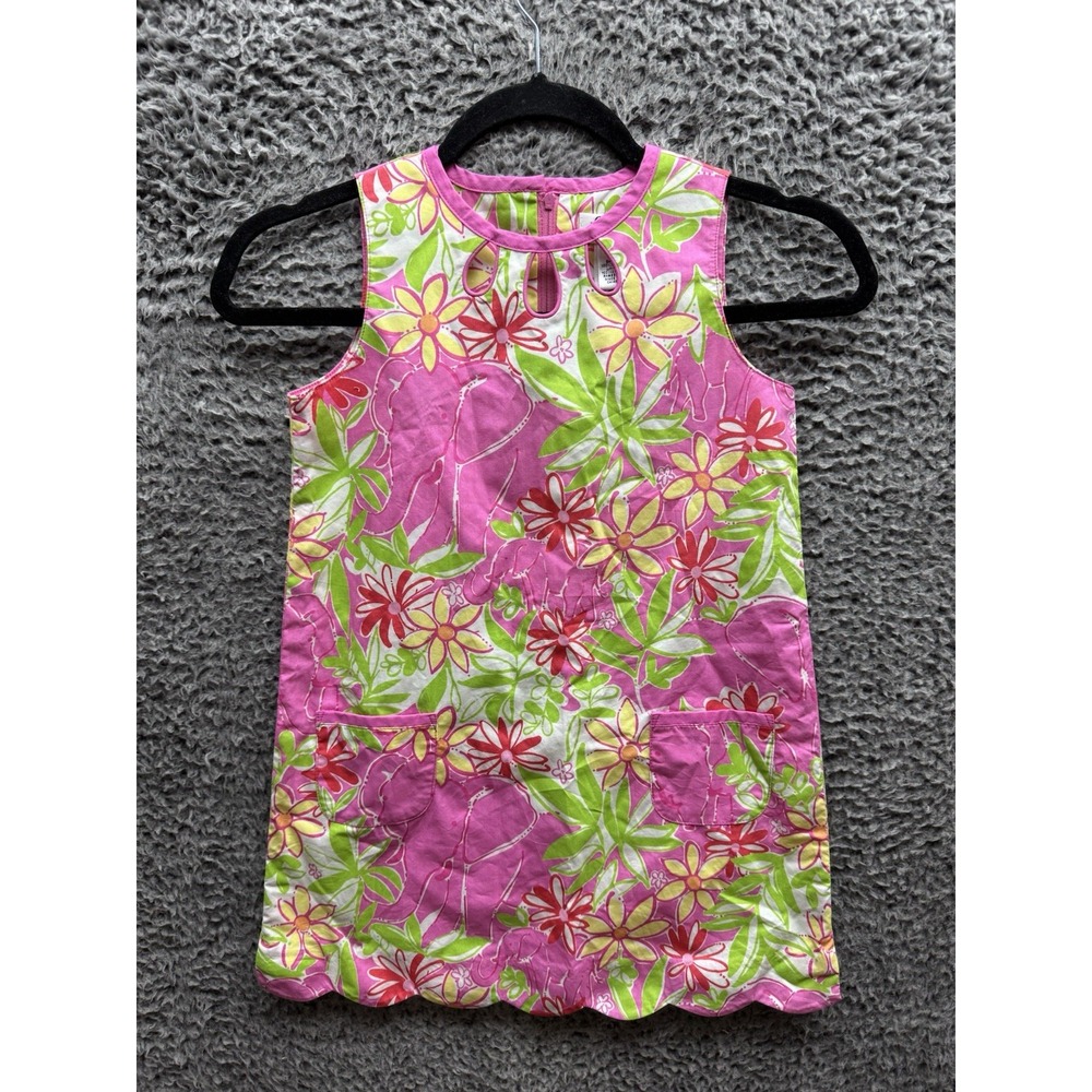 Lilly Pulitzer Elephant Floral Girls 6X Pink Green Sleeveless Vtg